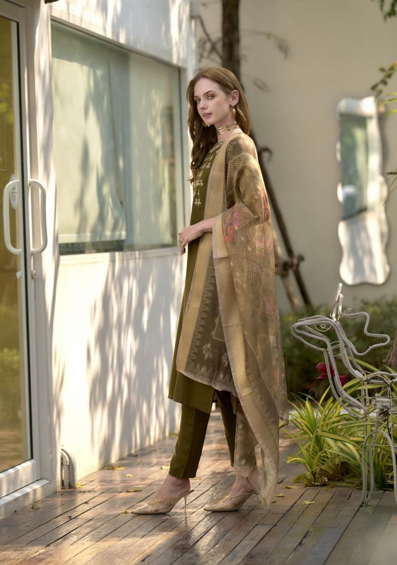 Mehendi Green Embroidered Rayon Salwar Kameez With Dupatta