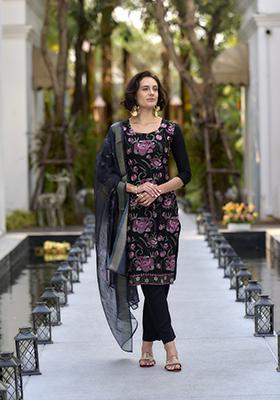 Black Embroidered Rayon Salwar Kameez With Dupatta