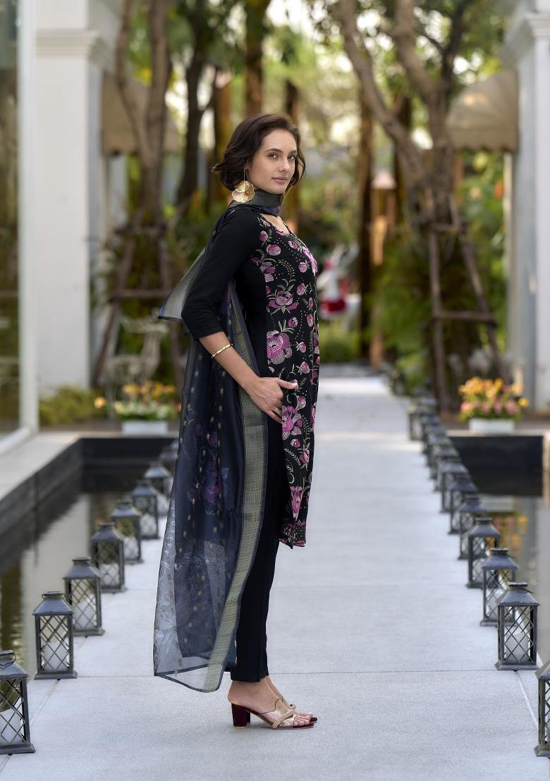 Black Embroidered Rayon Salwar Kameez With Dupatta