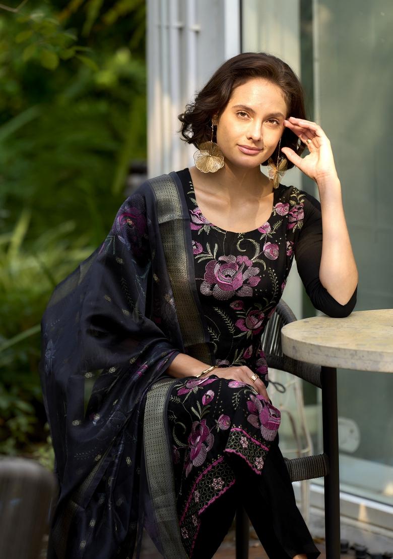 Black Embroidered Rayon Salwar Kameez With Dupatta