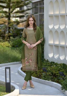 Moss Green Floral Print Tissue Salwar Kameez With Dupatta