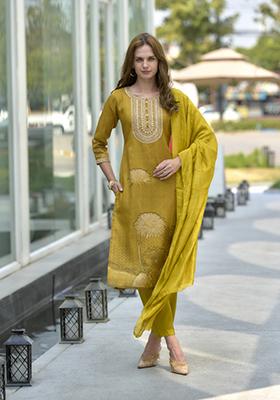 Mustard Yellow Floral Print Tissue Salwar Kameez With Dupatta