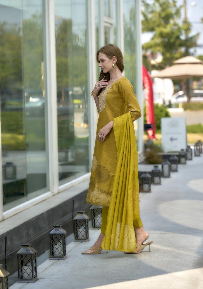 Mustard Yellow Floral Print Tissue Salwar Kameez With Dupatta