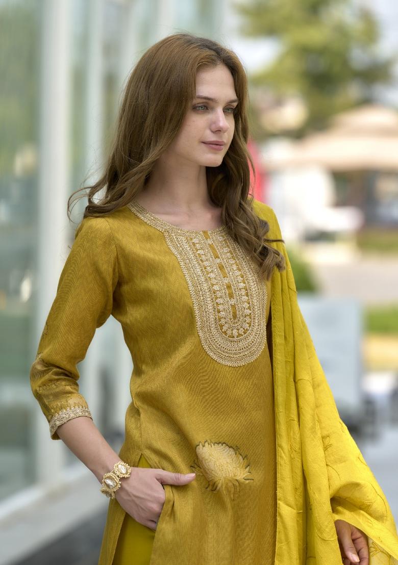 Mustard Yellow Floral Print Tissue Salwar Kameez With Dupatta