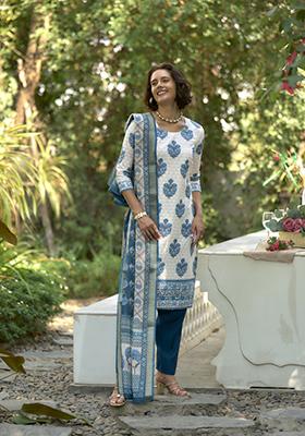 White Digital Print Cotton Salwar Kameez With Dupatta