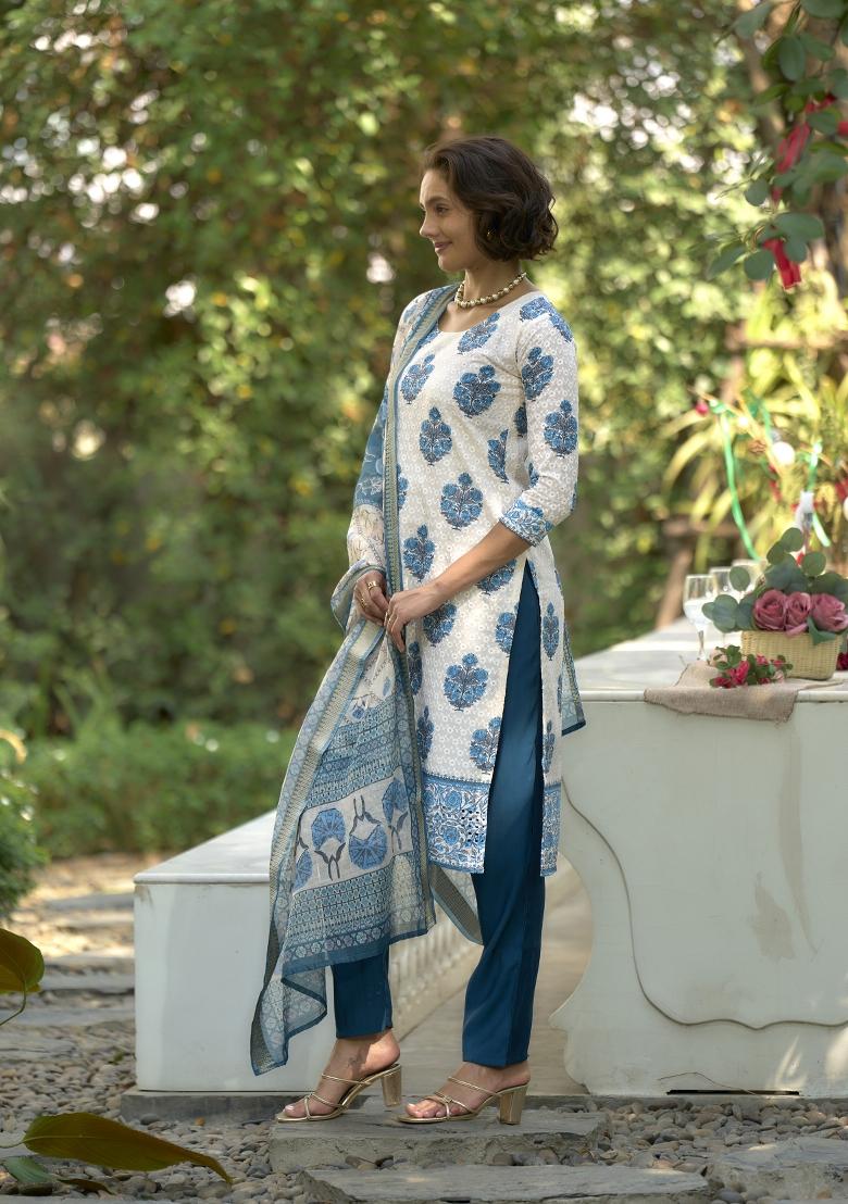 White Digital Print Cotton Salwar Kameez With Dupatta