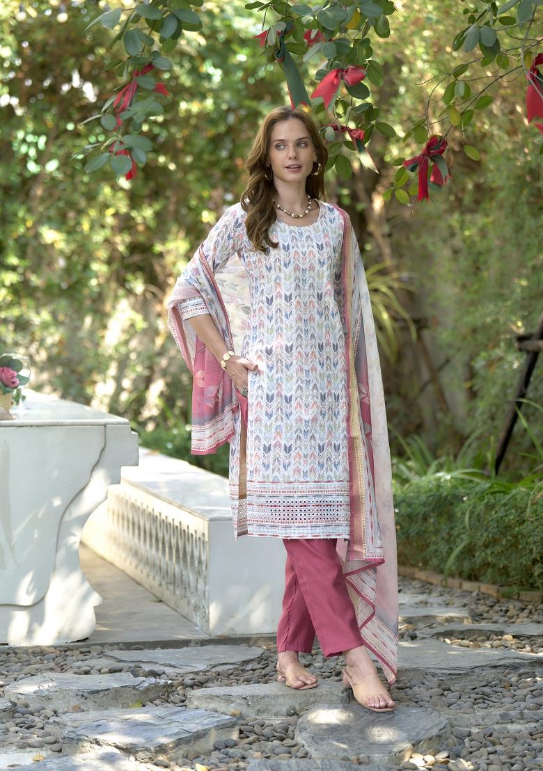 White Digital Print Cotton Salwar Kameez With Dupatta