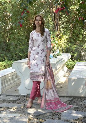 White Digital Print Cotton Salwar Kameez With Dupatta