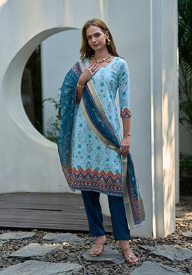 White Digital Print Cotton Salwar Kameez With Dupatta