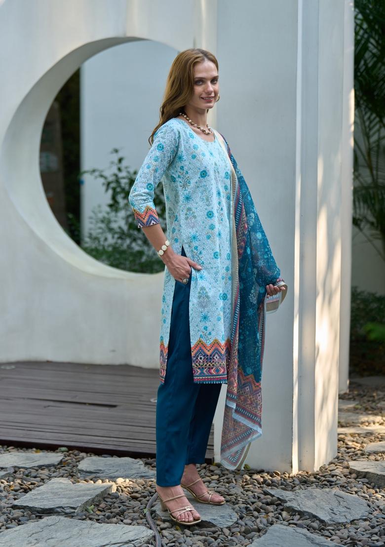 White Digital Print Cotton Salwar Kameez With Dupatta