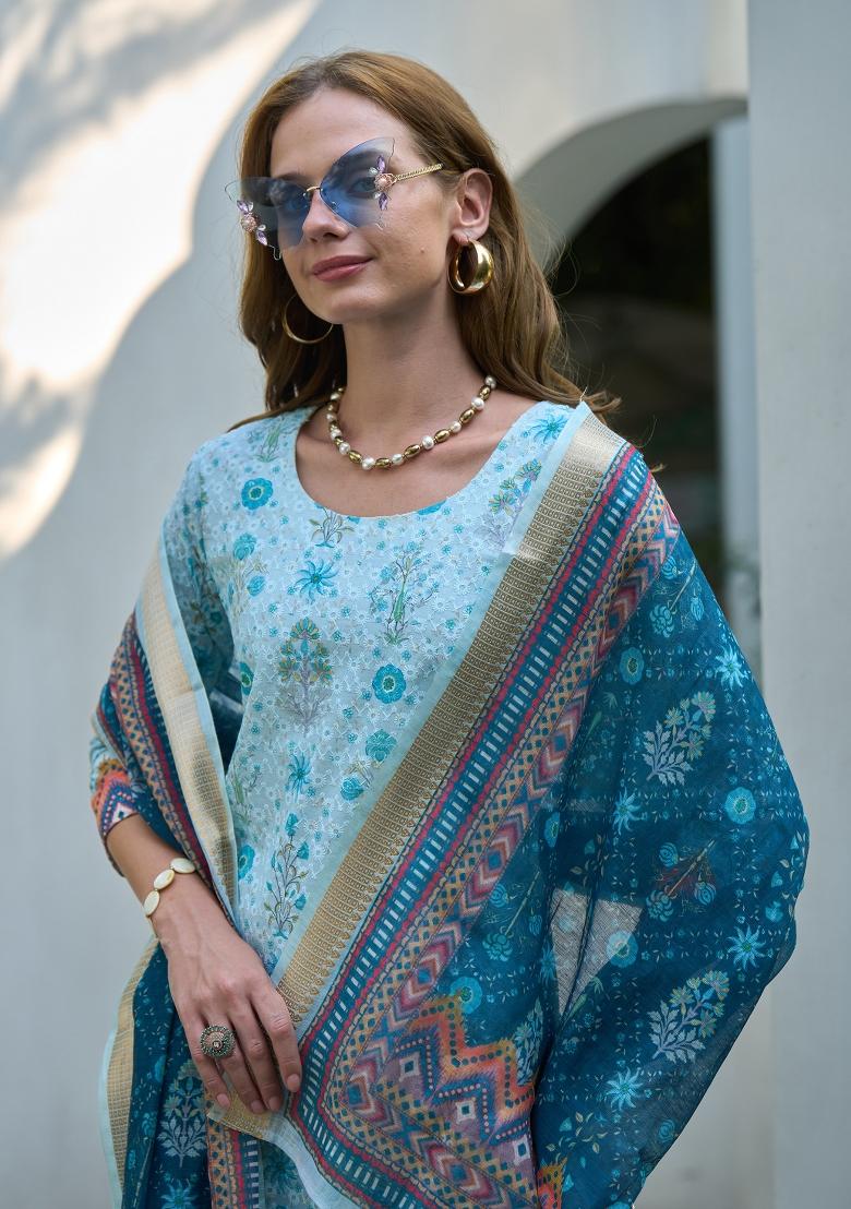 White Digital Print Cotton Salwar Kameez With Dupatta