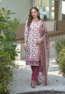 White Digital Print Cotton Salwar Kameez With Dupatta