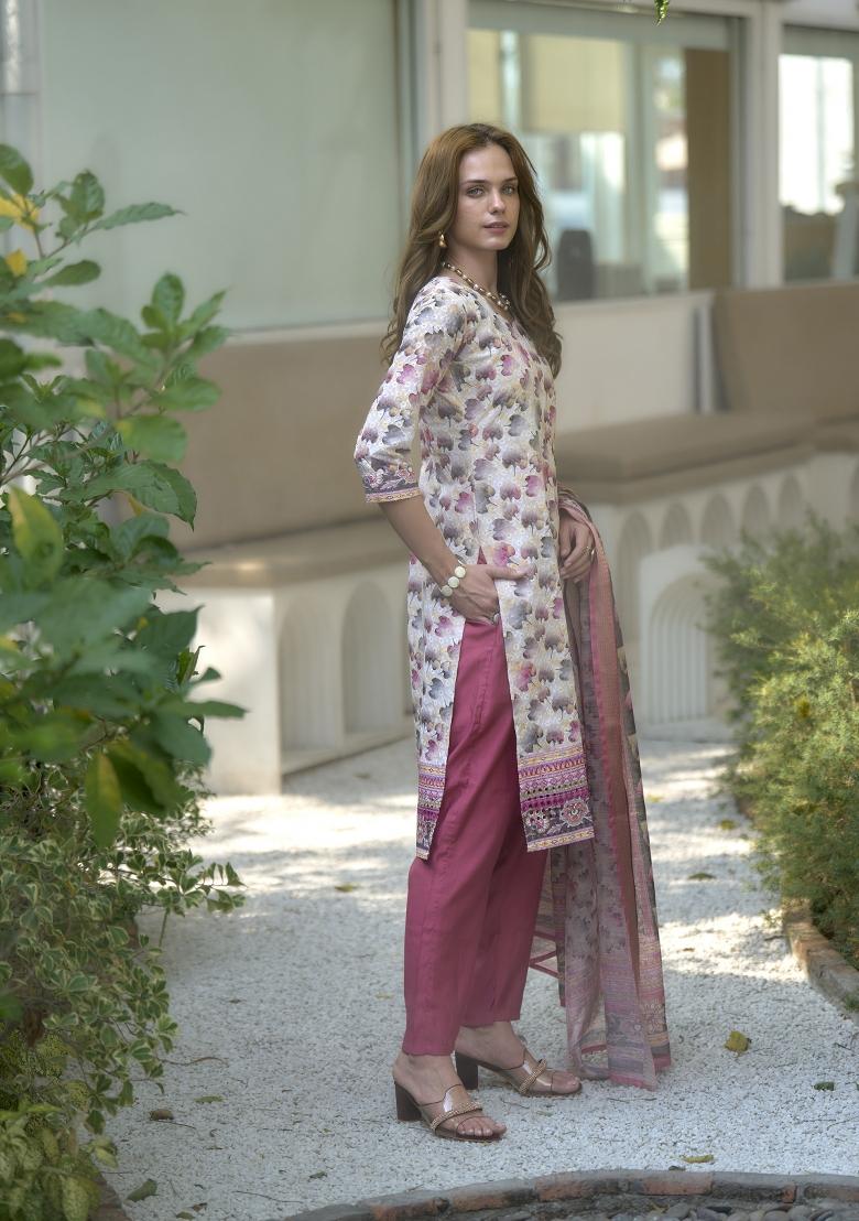 White Digital Print Cotton Salwar Kameez With Dupatta