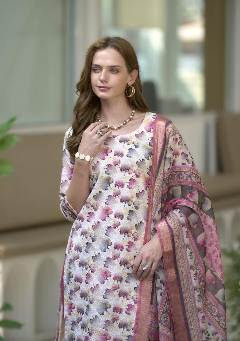 White Digital Print Cotton Salwar Kameez With Dupatta