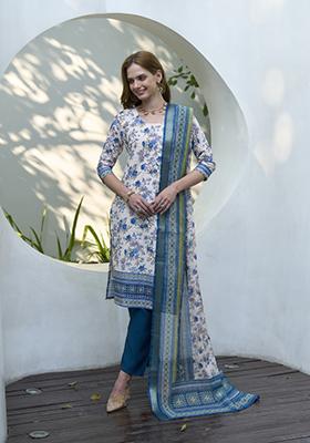 White Digital Print Cotton Salwar Kameez With Dupatta