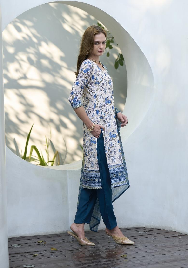 White Digital Print Cotton Salwar Kameez With Dupatta