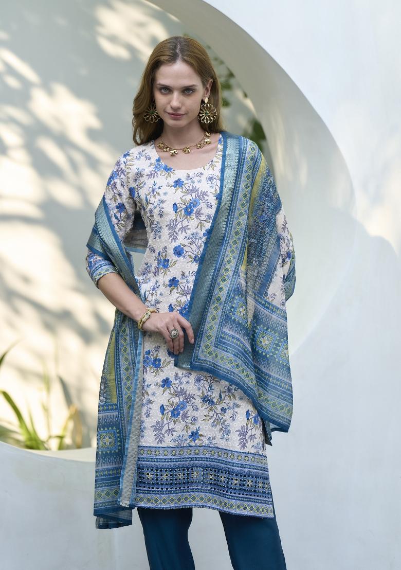 White Digital Print Cotton Salwar Kameez With Dupatta