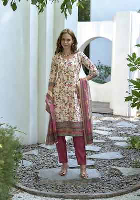 White Digital Print Cotton Salwar Kameez With Dupatta