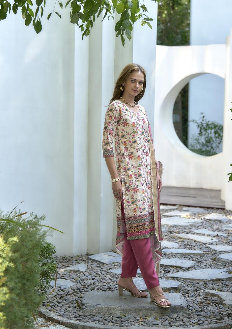 White Digital Print Cotton Salwar Kameez With Dupatta