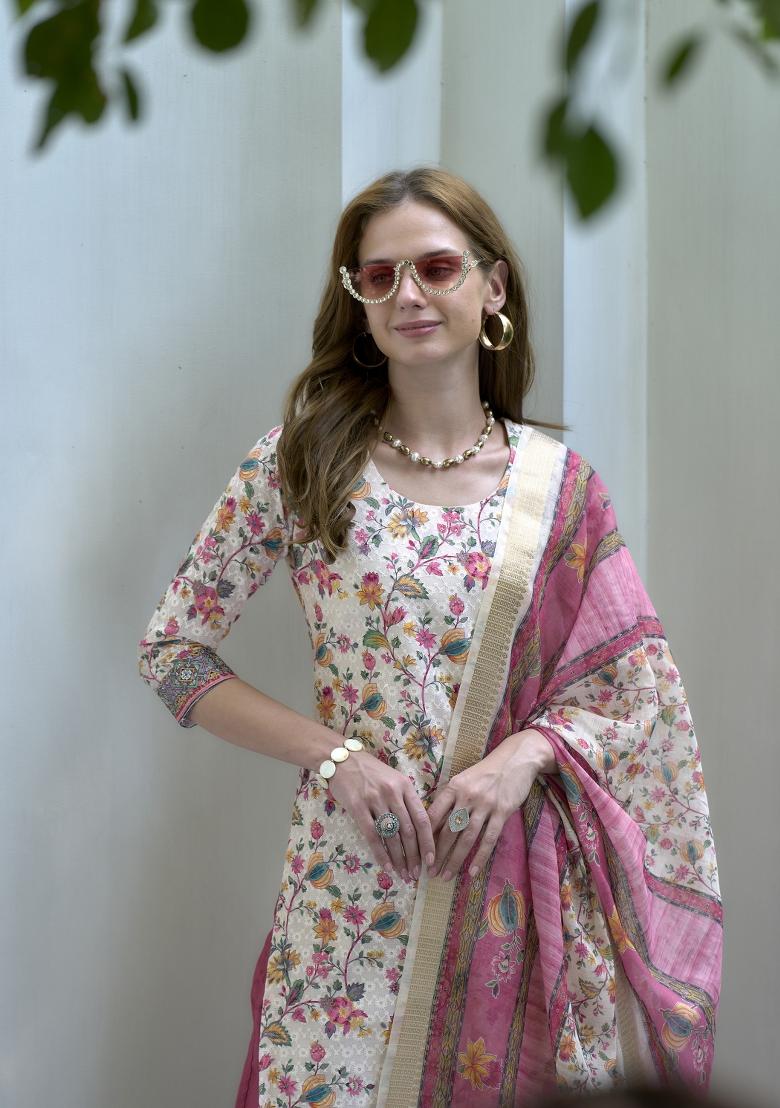 White Digital Print Cotton Salwar Kameez With Dupatta