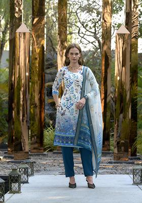 White Digital Print Cotton Salwar Kameez With Dupatta