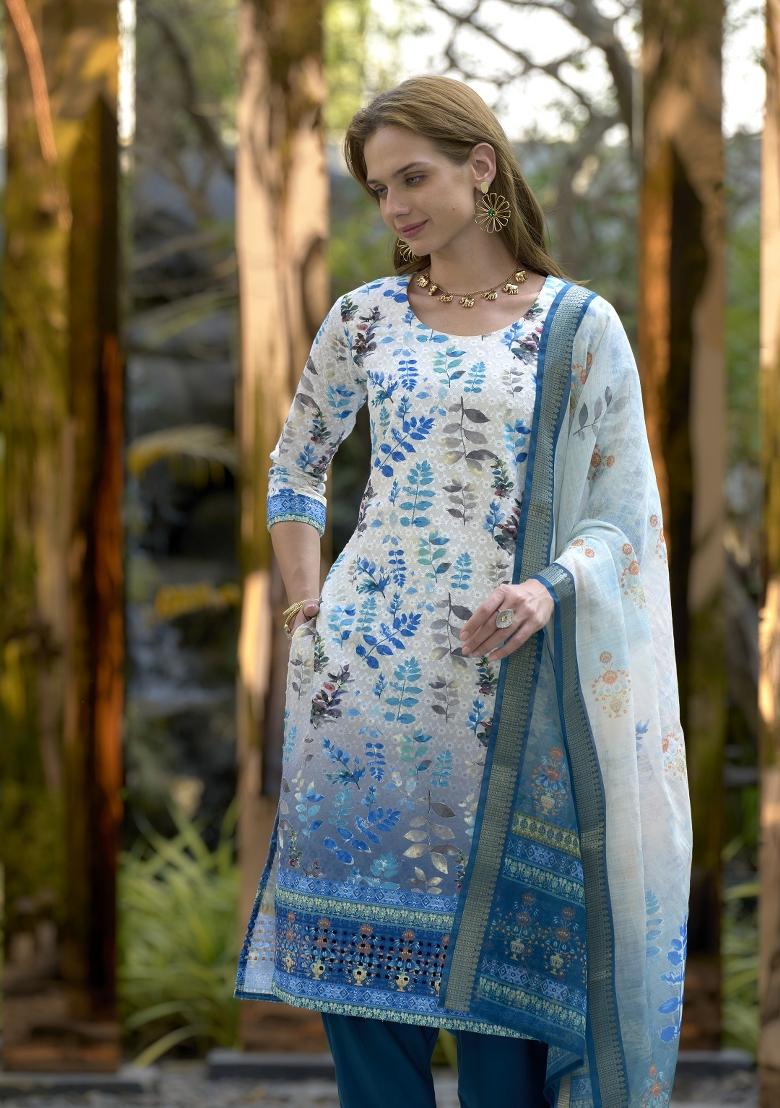 White Digital Print Cotton Salwar Kameez With Dupatta