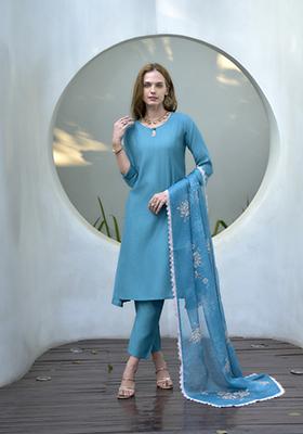 Sky Blue Embroidered Silk Salwar Kameez With Dupatta