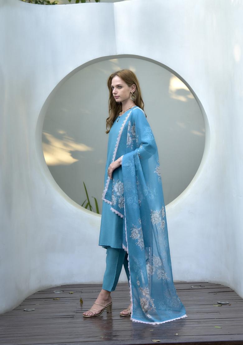 Sky Blue Embroidered Silk Salwar Kameez With Dupatta