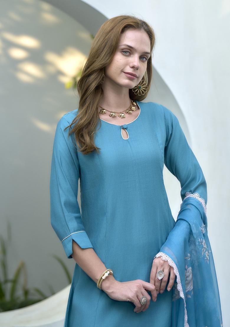 Sky Blue Embroidered Silk Salwar Kameez With Dupatta