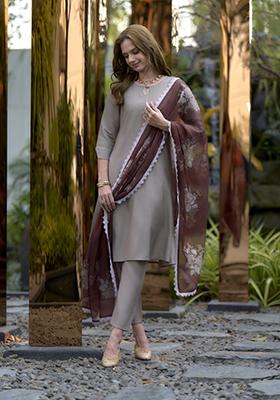 Brown Embroidered Silk Salwar Kameez With Dupatta