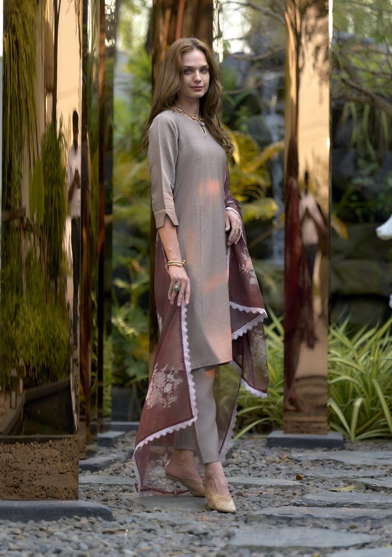 Brown Embroidered Silk Salwar Kameez With Dupatta