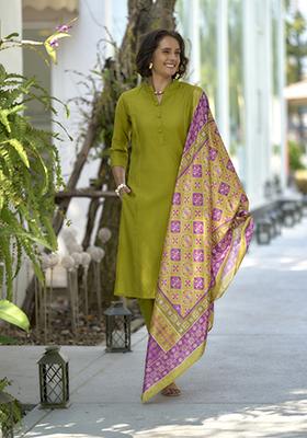 Parrot Green Embroidered Silk Salwar Kameez With Dupatta