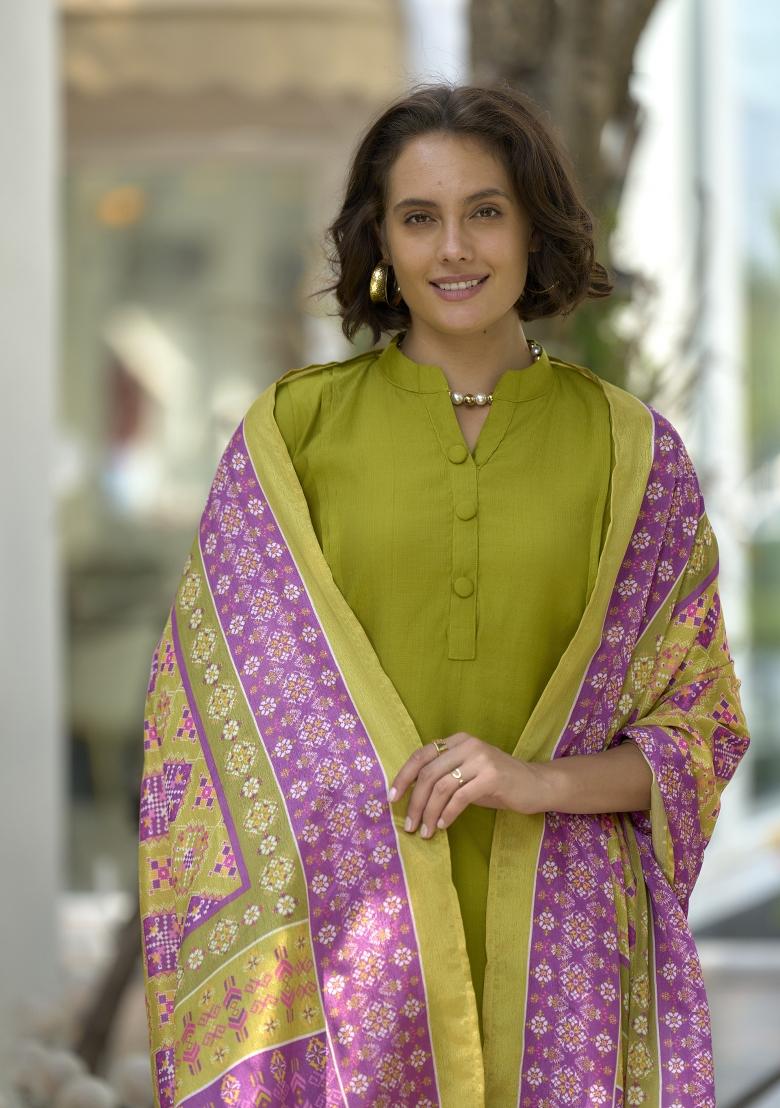 Parrot Green Embroidered Silk Salwar Kameez With Dupatta