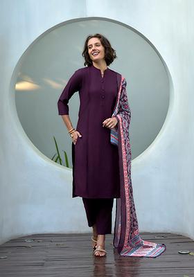 Wine Embroidered Silk Salwar Kameez With Dupatta
