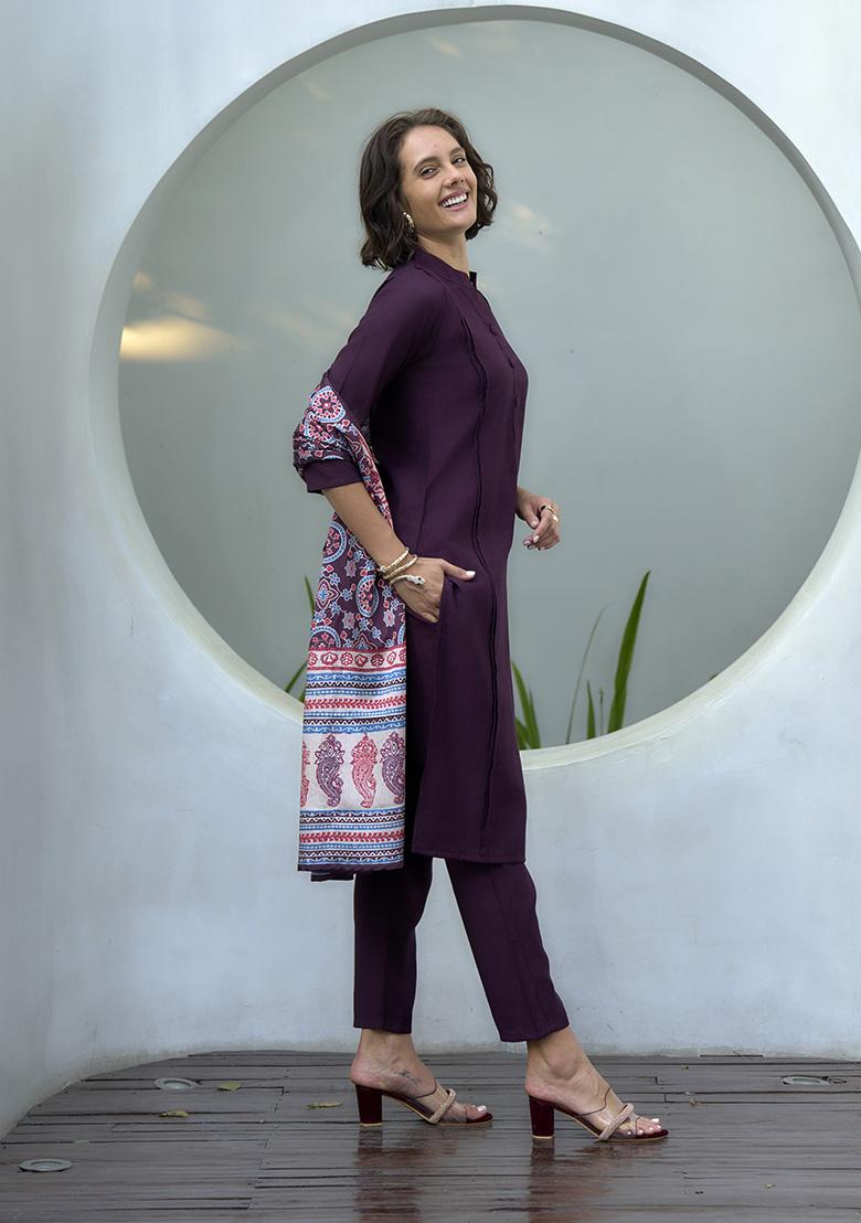 Wine Embroidered Silk Salwar Kameez With Dupatta