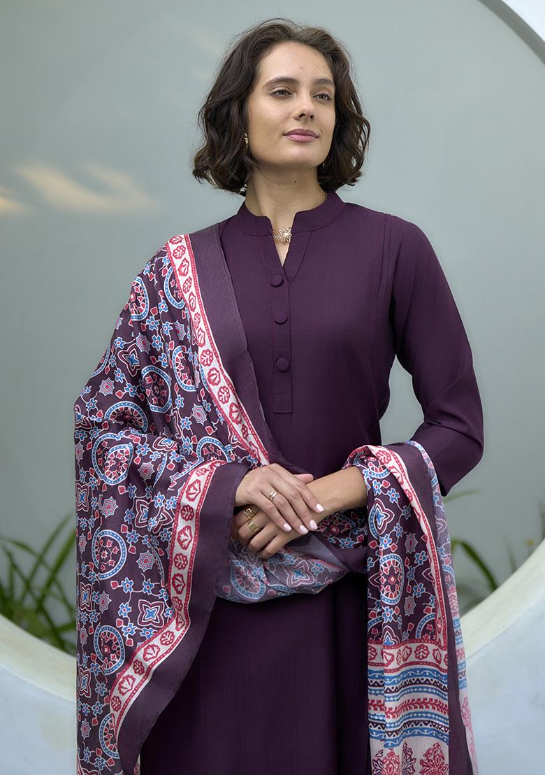 Wine Embroidered Silk Salwar Kameez With Dupatta