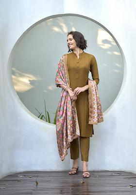 Mustard Yellow Embroidered Silk Salwar Kameez With Dupatta