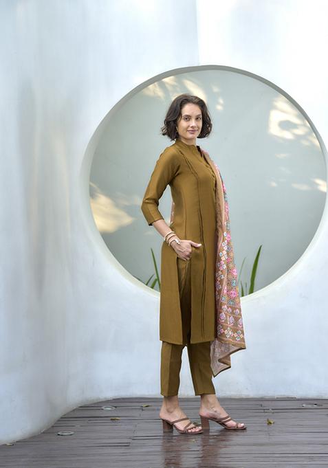 Vibrant Mustard Dola Silk Jacquard Festival Salwar Kameez main image 1