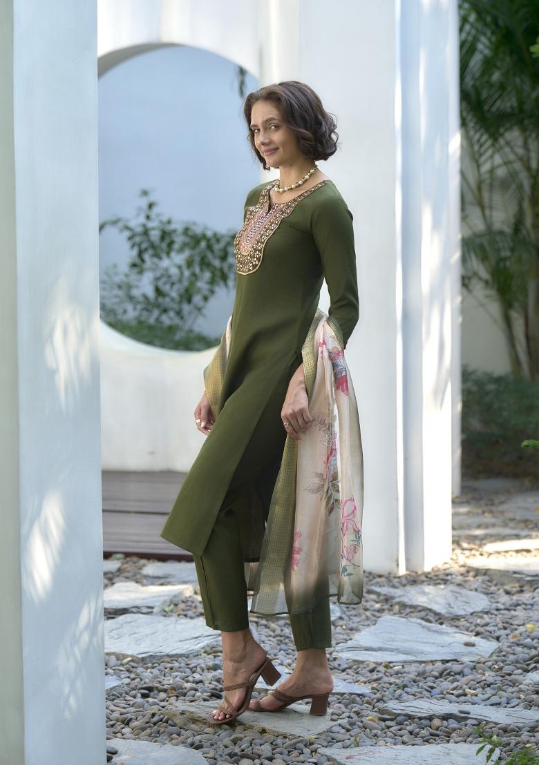 Sea Green Embroidered Silk Salwar Kameez With Dupatta