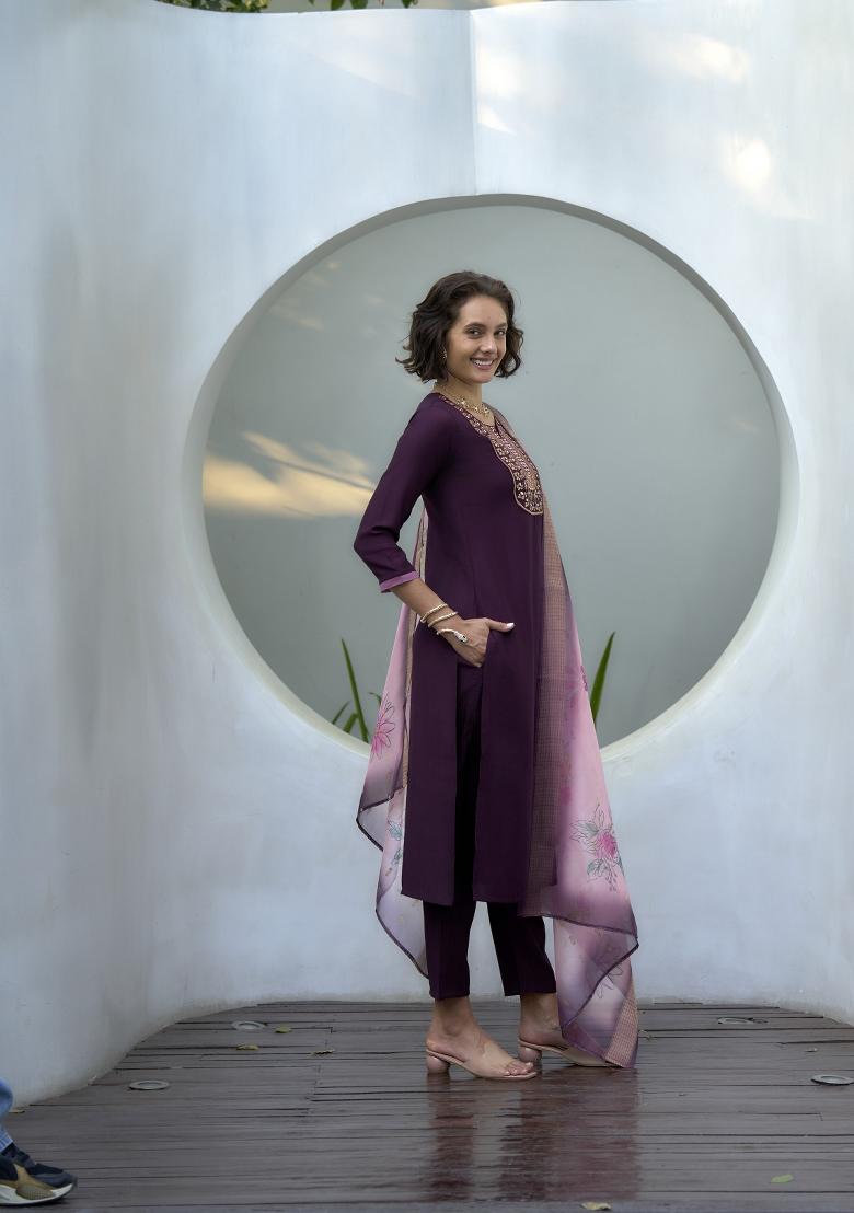 Purple Embroidered Silk Salwar Kameez With Dupatta