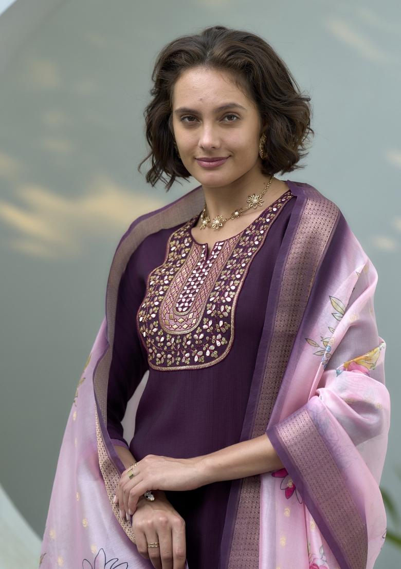 Purple Embroidered Silk Salwar Kameez With Dupatta