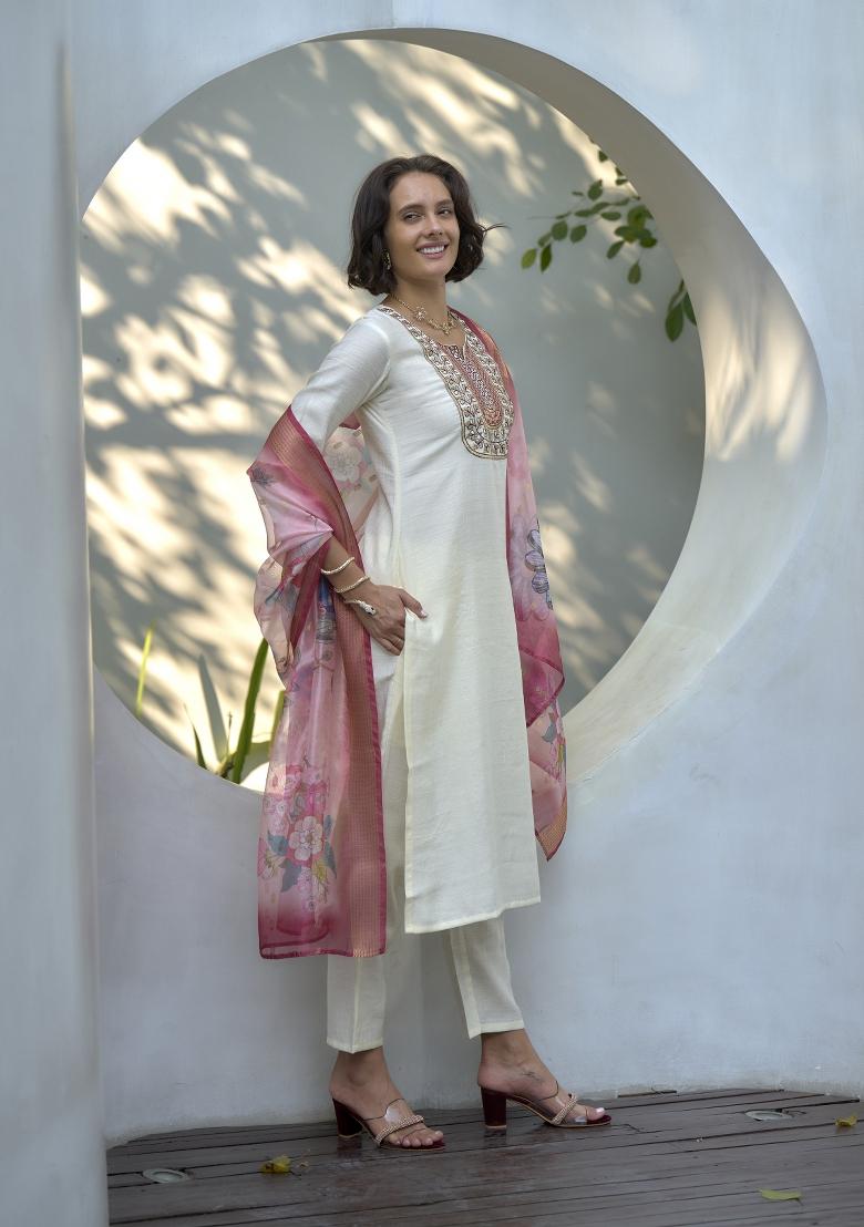 Off White Embroidered Silk Salwar Kameez With Dupatta