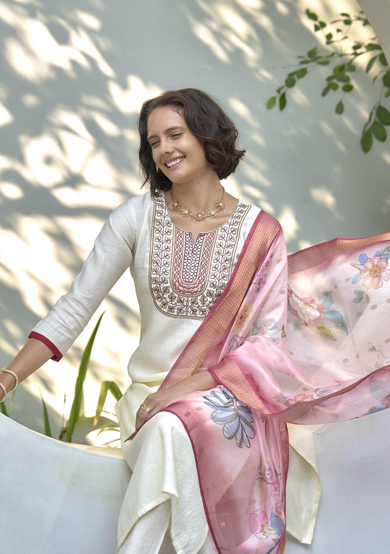 Off White Embroidered Silk Salwar Kameez With Dupatta