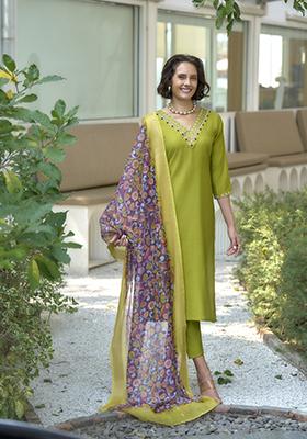 Parrot Green Embroidered Silk Salwar Kameez With Dupatta