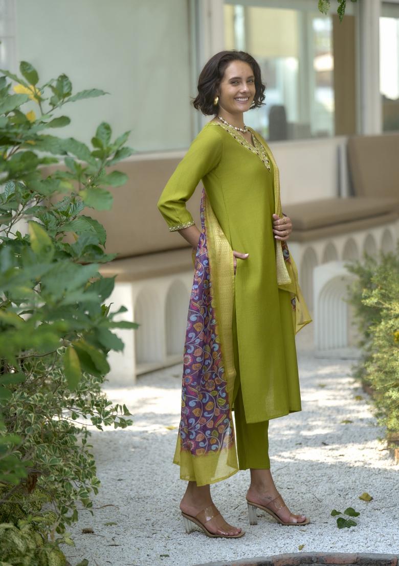 Parrot Green Embroidered Silk Salwar Kameez With Dupatta