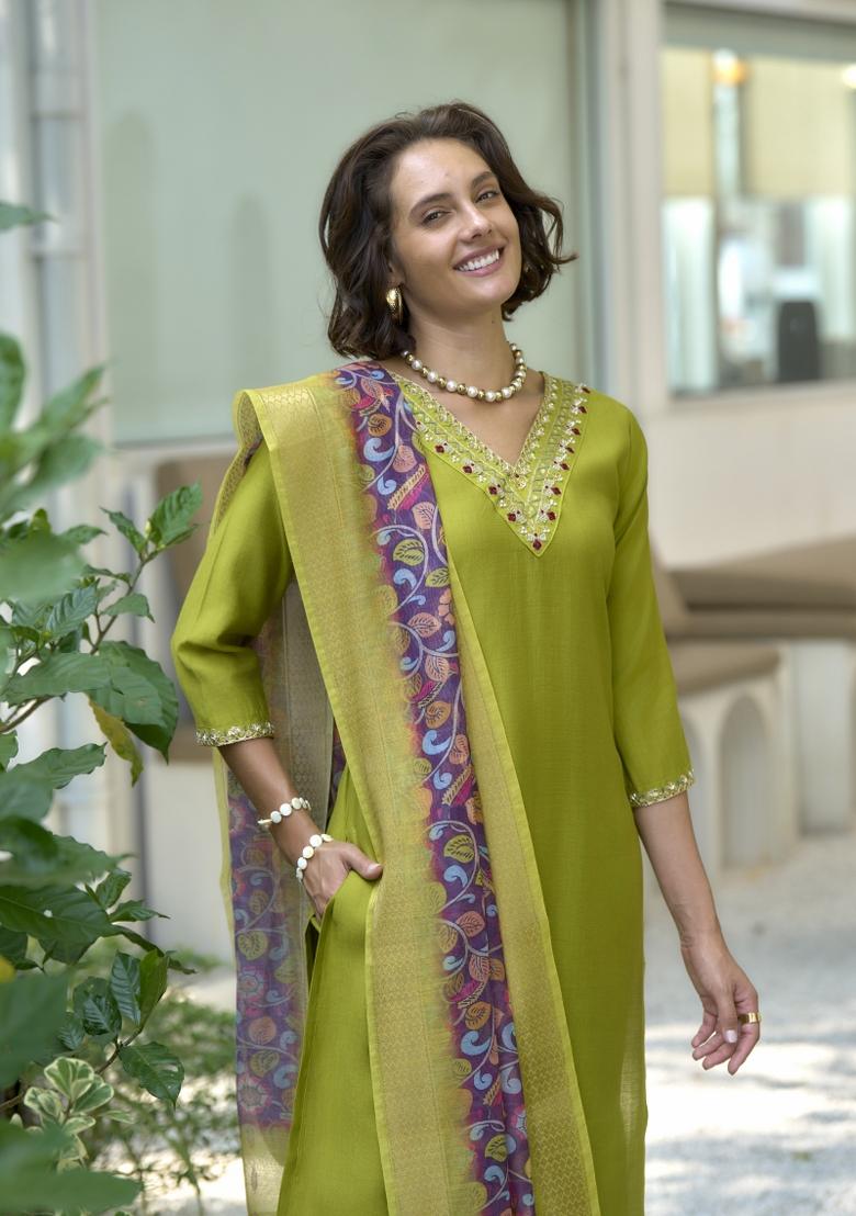 Parrot Green Embroidered Silk Salwar Kameez With Dupatta