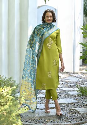 Parrot Green Embroidered Silk Salwar Kameez With Dupatta