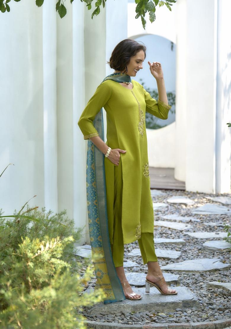 Parrot Green Embroidered Silk Salwar Kameez With Dupatta