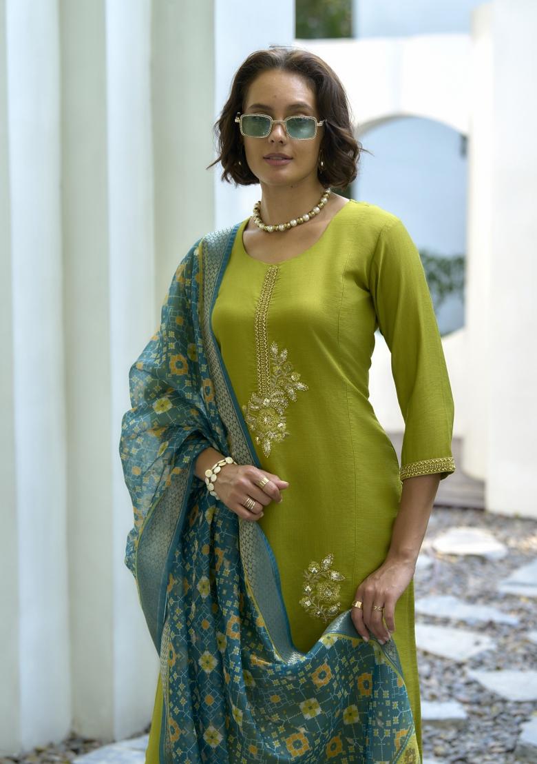 Parrot Green Embroidered Silk Salwar Kameez With Dupatta
