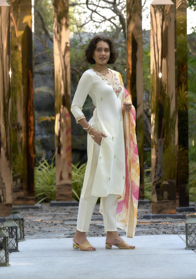 Off White Embroidered Silk Salwar Kameez With Dupatta